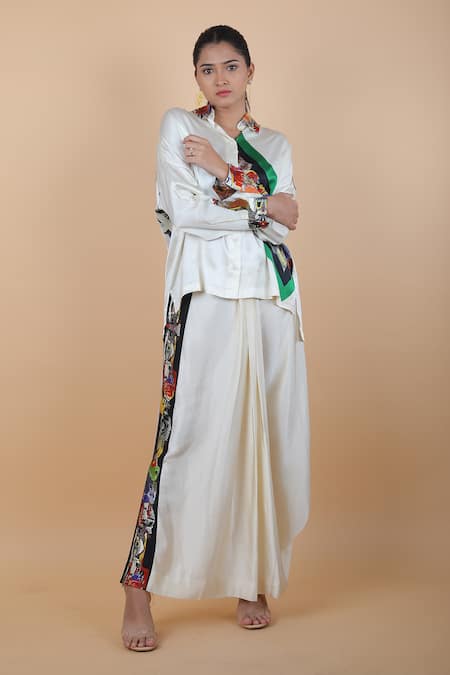 Anamika Khanna_White Silk Collared Abstract Print Shirt And Skirt Set_Online_at_Aza_Fashions