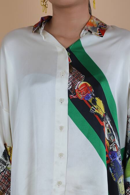 Shop_Anamika Khanna_White Silk Collared Abstract Print Shirt And Skirt Set_Online_at_Aza_Fashions