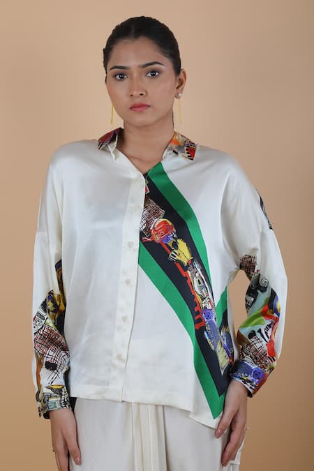 Anamika Khanna_White Silk Collared Abstract Print Shirt And Skirt Set_at_Aza_Fashions