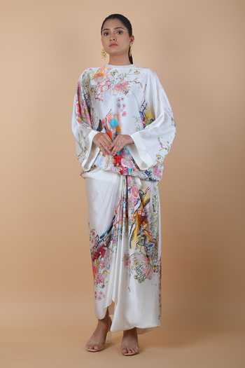 Anamika Khanna_White Round Neck Printed Top And Skirt Set _Online_at_Aza_Fashions