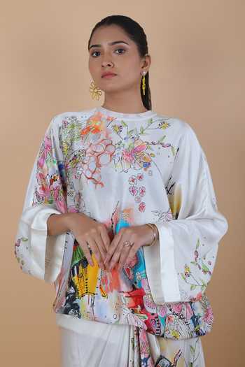 Anamika Khanna_White Round Neck Printed Top And Skirt Set _at_Aza_Fashions
