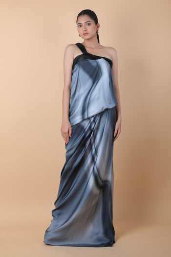 Amit Aggarwal_Blue Printed Tie-dye One Shoulder Dress_Online_at_Aza_Fashions