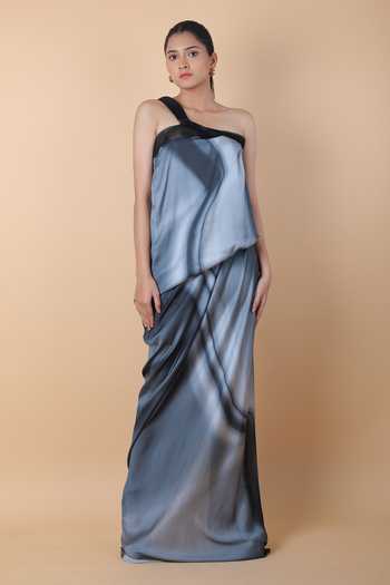 Buy_Amit Aggarwal_Blue Printed Tie-dye One Shoulder Dress_Online_at_Aza_Fashions