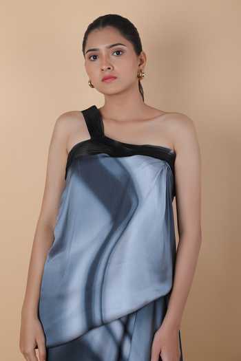 Amit Aggarwal_Blue Printed Tie-dye One Shoulder Dress_at_Aza_Fashions
