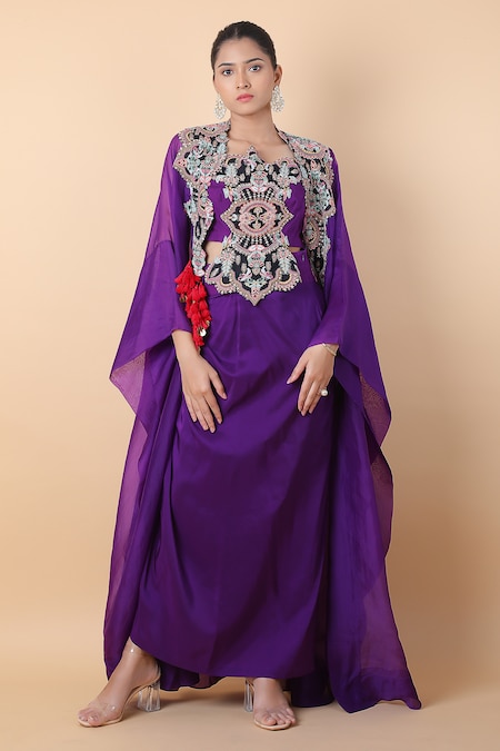 Anamika Khanna Purple Embroidered Floral Round Border Cape Skirt Set 