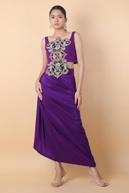 Anamika Khanna_Purple Chiffon Embroidery Round Neck Border Floral Cape Skirt Set_Online_at_Aza_Fashions