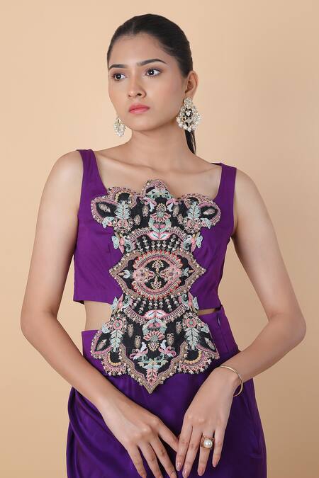 Shop_Anamika Khanna_Purple Chiffon Embroidery Round Neck Border Floral Cape Skirt Set_Online_at_Aza_Fashions