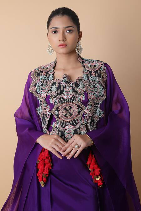 Buy_Anamika Khanna_Purple Chiffon Embroidery Round Neck Border Floral Cape Skirt Set