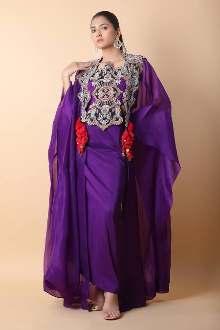 Shop_Anamika Khanna_Purple Chiffon Embroidery Round Neck Border Floral Cape Skirt Set