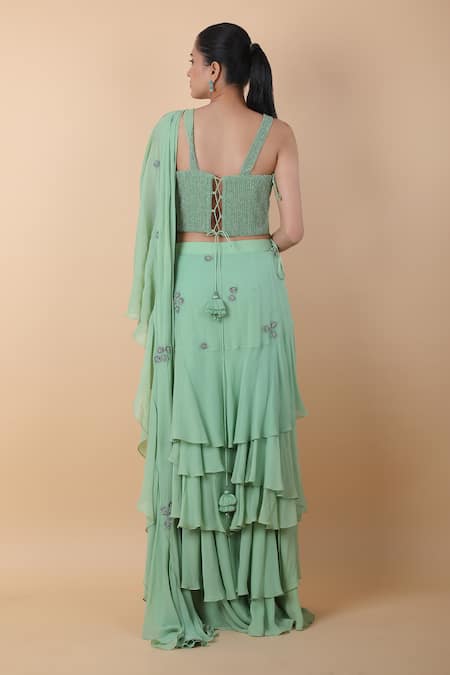 Shop_Sana Barreja_Green Chiffon Beads, Embroidery Sweetheart Pre-draped Skirt Saree With Blouse _at_Aza_Fashions
