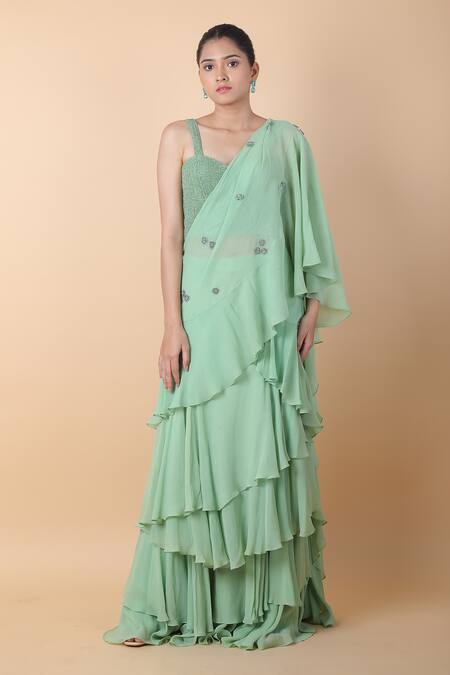 Sana Barreja_Green Chiffon Beads, Embroidery Sweetheart Pre-draped Skirt Saree With Blouse _Online_at_Aza_Fashions