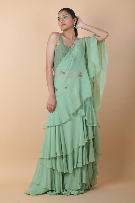 Buy_Sana Barreja_Green Chiffon Beads, Embroidery Sweetheart Pre-draped Skirt Saree With Blouse _Online_at_Aza_Fashions