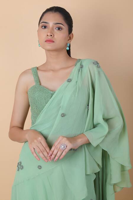 Shop_Sana Barreja_Green Chiffon Beads, Embroidery Sweetheart Pre-draped Skirt Saree With Blouse _Online_at_Aza_Fashions