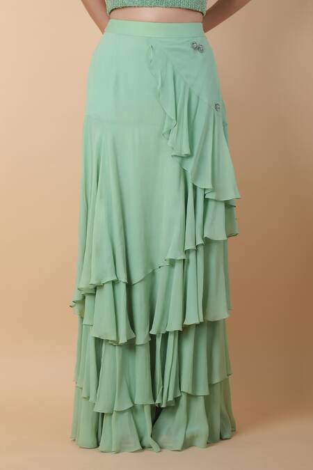 Sana Barreja_Green Chiffon Beads, Embroidery Sweetheart Pre-draped Skirt Saree With Blouse _at_Aza_Fashions