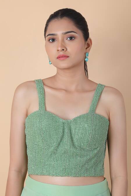 Buy_Sana Barreja_Green Chiffon Beads, Embroidery Sweetheart Pre-draped Skirt Saree With Blouse 