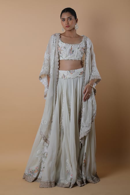 Anamika Khanna White Embroidered Floral Scoop Neck Cape Lehenga Set 