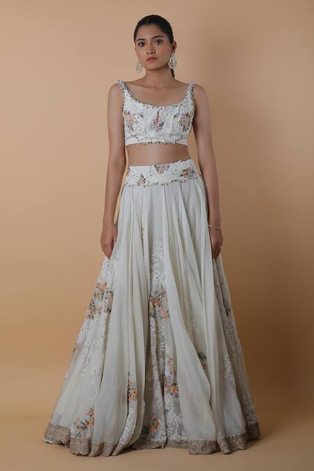 Anamika Khanna_White Georgette Embroidery, Pearls, Beads Scoop Neck Cape Lehenga Set_Online_at_Aza_Fashions