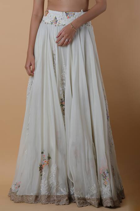 Buy_Anamika Khanna_White Georgette Embroidery, Pearls, Beads Scoop Neck Cape Lehenga Set_Online_at_Aza_Fashions