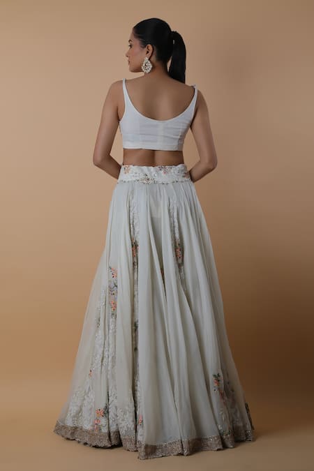 Shop_Anamika Khanna_White Georgette Embroidery, Pearls, Beads Scoop Neck Cape Lehenga Set_Online_at_Aza_Fashions