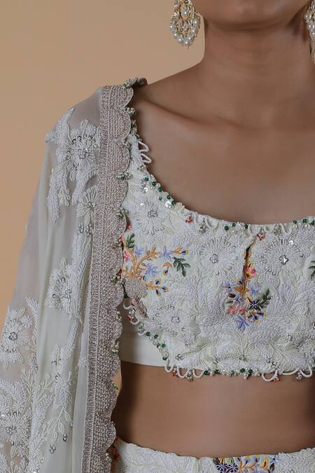 Anamika Khanna_White Georgette Embroidery, Pearls, Beads Scoop Neck Cape Lehenga Set_at_Aza_Fashions