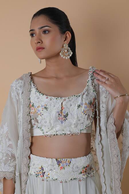 Buy_Anamika Khanna_White Georgette Embroidery, Pearls, Beads Scoop Neck Cape Lehenga Set