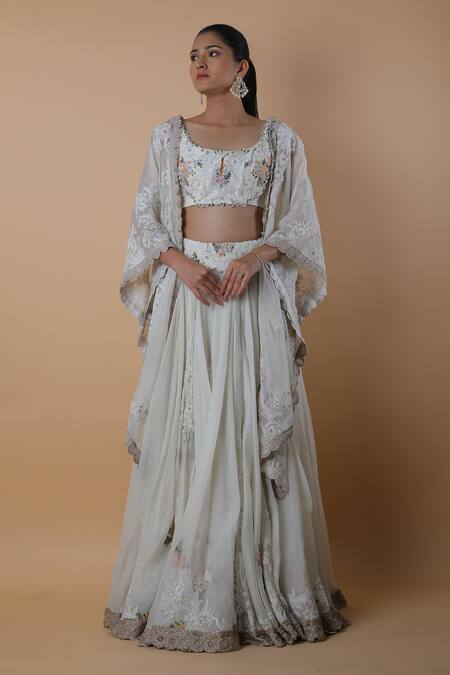 Shop_Anamika Khanna_White Georgette Embroidery, Pearls, Beads Scoop Neck Cape Lehenga Set