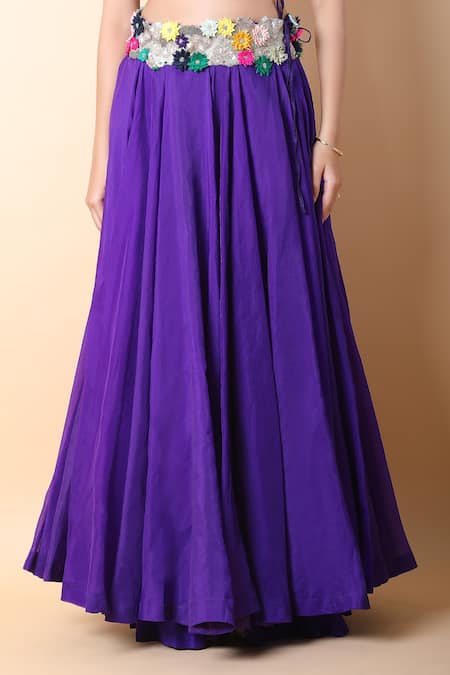 Anamika Khanna_Purple Silk Beads, Pearls, Embroidery Sweetheart Neck Floral Cape Lehenga Set_Online_at_Aza_Fashions