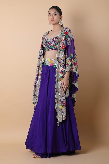Buy_Anamika Khanna_Purple Silk Beads, Pearls, Embroidery Sweetheart Neck Floral Cape Lehenga Set_Online_at_Aza_Fashions