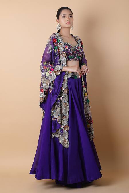 Shop_Anamika Khanna_Purple Silk Beads, Pearls, Embroidery Sweetheart Neck Floral Cape Lehenga Set_Online_at_Aza_Fashions