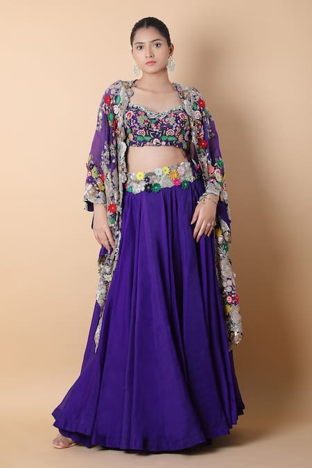 Anamika Khanna_Purple Silk Beads, Pearls, Embroidery Sweetheart Neck Floral Cape Lehenga Set_at_Aza_Fashions
