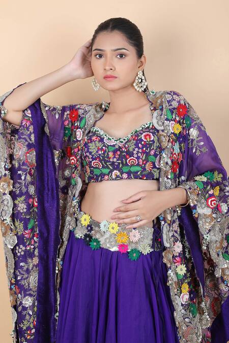Buy_Anamika Khanna_Purple Silk Beads, Pearls, Embroidery Sweetheart Neck Floral Cape Lehenga Set