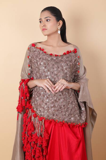 Buy_Anamika Khanna_Grey Silk Sequins Scoop Neck Embroidered Top And Skirt Set_Online_at_Aza_Fashions