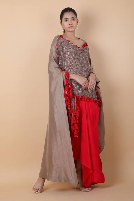 Shop_Anamika Khanna_Grey Silk Sequins Scoop Neck Embroidered Top And Skirt Set_Online_at_Aza_Fashions