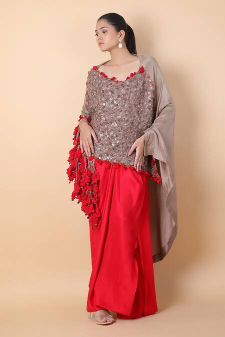 Anamika Khanna_Grey Silk Sequins Scoop Neck Embroidered Top And Skirt Set_at_Aza_Fashions