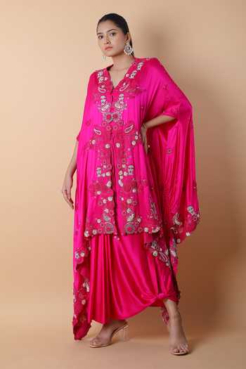 Anamika Khanna_Pink Silk, Satin Embroidery, Sequins V-neck Top And Skirt Set _Online_at_Aza_Fashions