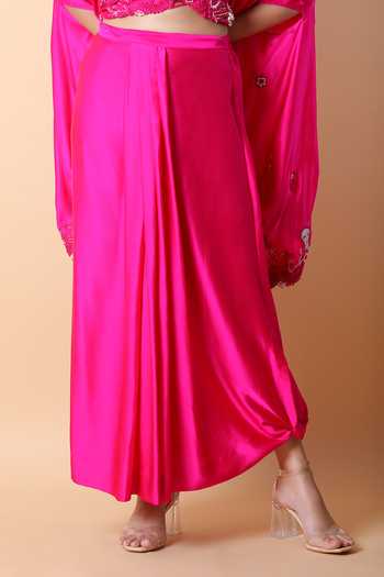 Buy_Anamika Khanna_Pink Silk, Satin Embroidery, Sequins V-neck Top And Skirt Set _Online_at_Aza_Fashions