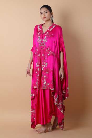 Shop_Anamika Khanna_Pink Silk, Satin Embroidery, Sequins V-neck Top And Skirt Set _Online_at_Aza_Fashions