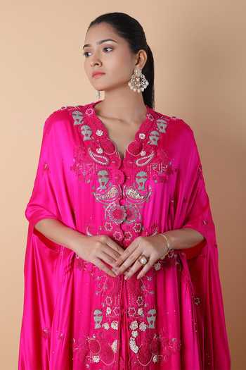 Anamika Khanna_Pink Silk, Satin Embroidery, Sequins V-neck Top And Skirt Set _at_Aza_Fashions