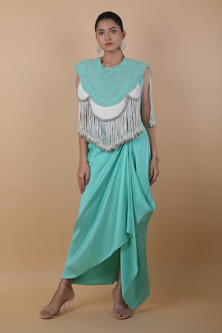 Anamika Khanna Blue Embroidered Floral Round Cape Skirt Set 