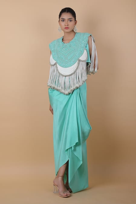 Buy_Anamika Khanna_Blue Silk Beads, Embroidery Cape Skirt Set_Online_at_Aza_Fashions