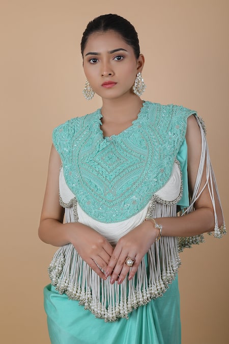 Anamika Khanna_Blue Silk Beads, Embroidery Cape Skirt Set_at_Aza_Fashions