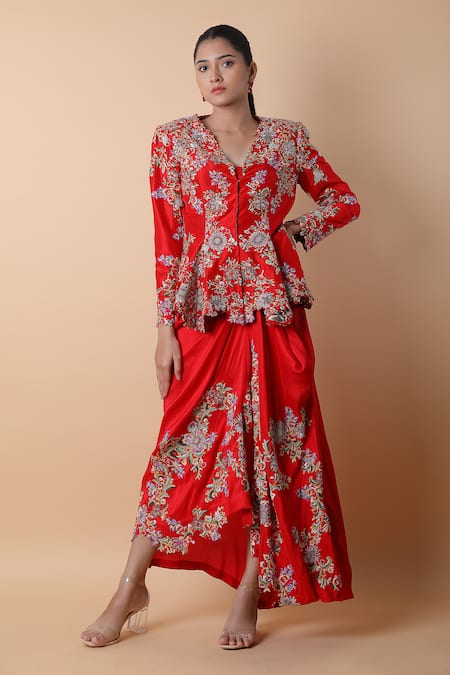 Anamika Khanna Red Embroidered Floral V Neck Resham Top And Skirt Set 