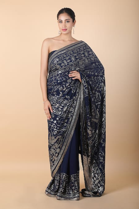 Nakul Sen_Blue Polyester Sequins Embellished Saree With Unstitched Blouse Piece _Online_at_Aza_Fashions