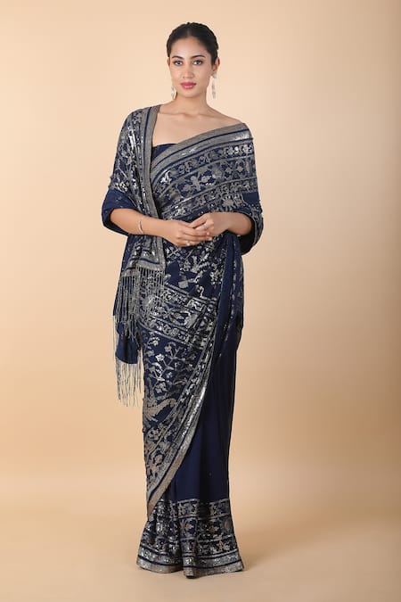 Buy_Nakul Sen_Blue Polyester Sequins Embellished Saree With Unstitched Blouse Piece _Online_at_Aza_Fashions