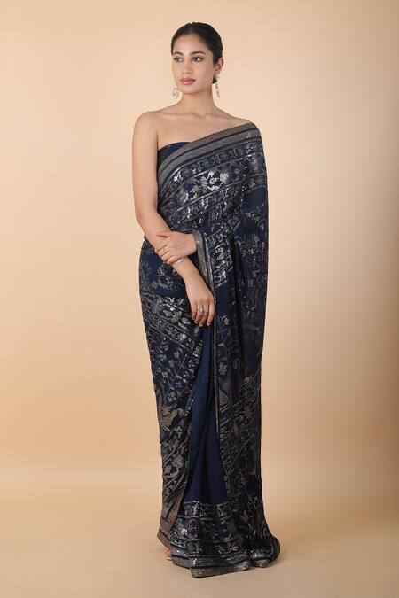 Shop_Nakul Sen_Blue Polyester Sequins Embellished Saree With Unstitched Blouse Piece _Online_at_Aza_Fashions