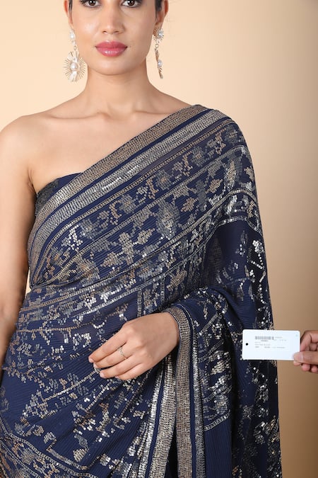 Nakul Sen_Blue Polyester Sequins Embellished Saree With Unstitched Blouse Piece _at_Aza_Fashions