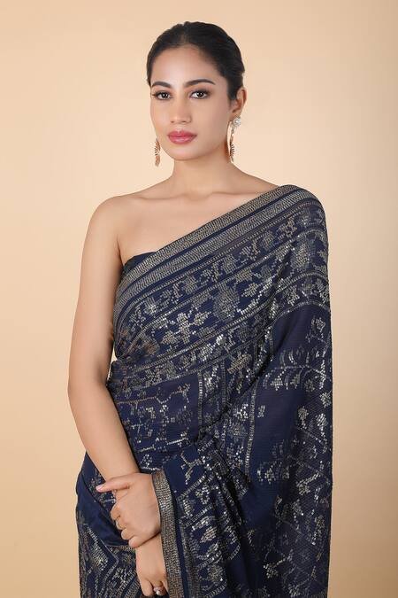 Buy_Nakul Sen_Blue Polyester Sequins Embellished Saree With Unstitched Blouse Piece 