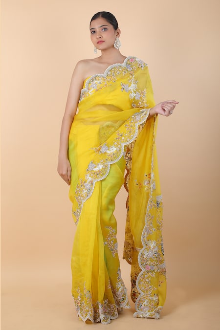 Anamika Khanna_Yellow Organza Embroidery Flower Vine Saree With Unstitched Blouse Piece _Online_at_Aza_Fashions