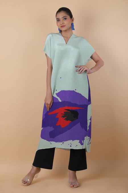 Buy_Payal Khandwala_Blue V-neck Abstract Pattern Tunic_Online_at_Aza_Fashions