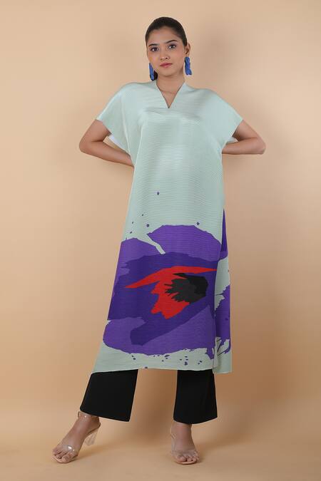 Shop_Payal Khandwala_Blue V-neck Abstract Pattern Tunic_Online_at_Aza_Fashions